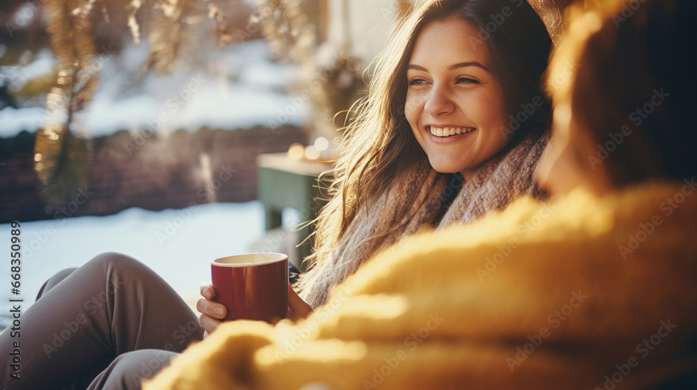 Two young women friends, wrapped in a warm blanket, warm themselves, drink hot drinks in a cozy atmosphere. Active communication and friendship in winter. - obrazy, fototapety, plakaty 