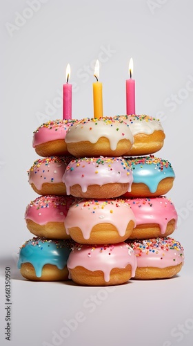 Artificial food decor, unusual donut candles, bright and unusual. Pink and blue colors.