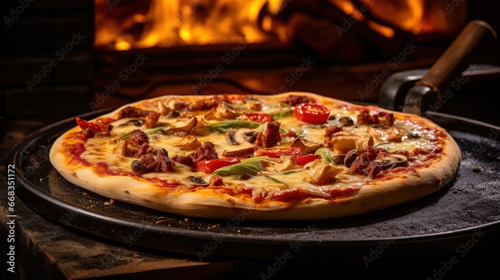 Traditional delicious cheese pizza with tomatoes and ham with a fire in the oven on the background. Pizzeria background