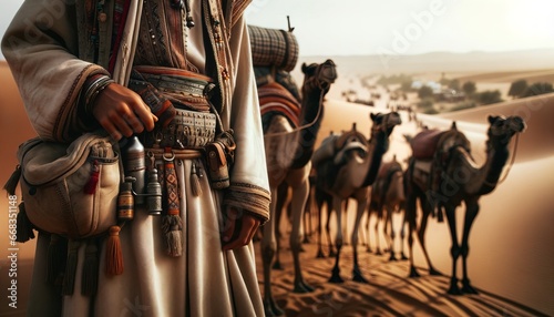 A desert nomad guiding a caravan of camels across the endless sand dunes of the desert.