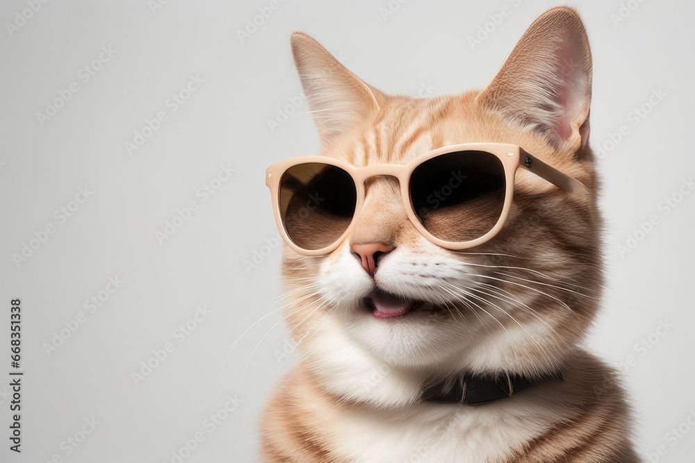 a quality stock photograph of a single happy cat with sunglasses isolated on a white background