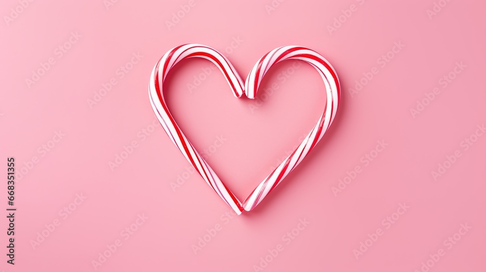 Top view of realistic Christmas candy isolated on pink background in heart shape. Template for greeting card for Christmas and New Year and Valentine's Day Top view of realistic Christmas candy isolated on pink background in heart shape. Template for greeting card for Christmas and New Year and Valentine's Day