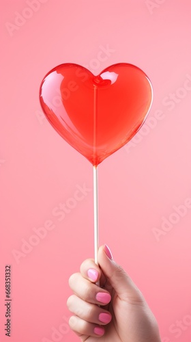 Close-up of a sweet lollipop heart shaped in a woman's hand on a pink background. Gift card, banner, postcard for Valentine's Day.