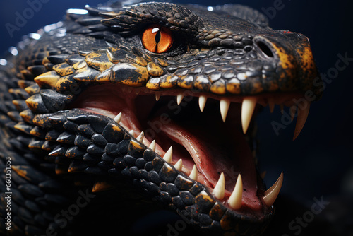 A close-up of a venomous snake s fangs  emphasizing the peril of snakebites in the wild. Concept of wildlife encounters. Generative Ai.