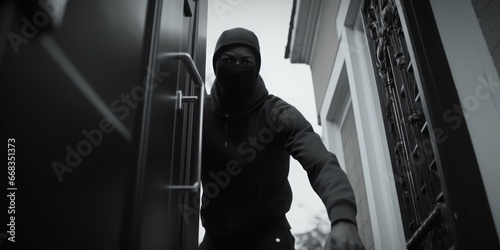Masked Thief Stands Before the Door of a Modern House, Lockpicking with a Stealthy Gaze Fixed Upon a Security Camera, Illustrating the Ominous Threat to Residential Security