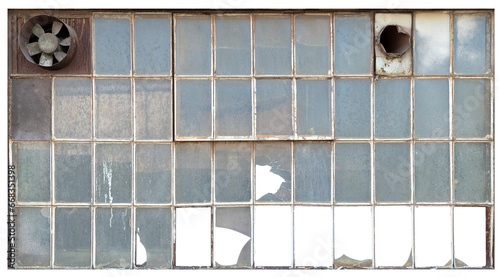 A window in an old workshop with damaged panes. Isolated background.