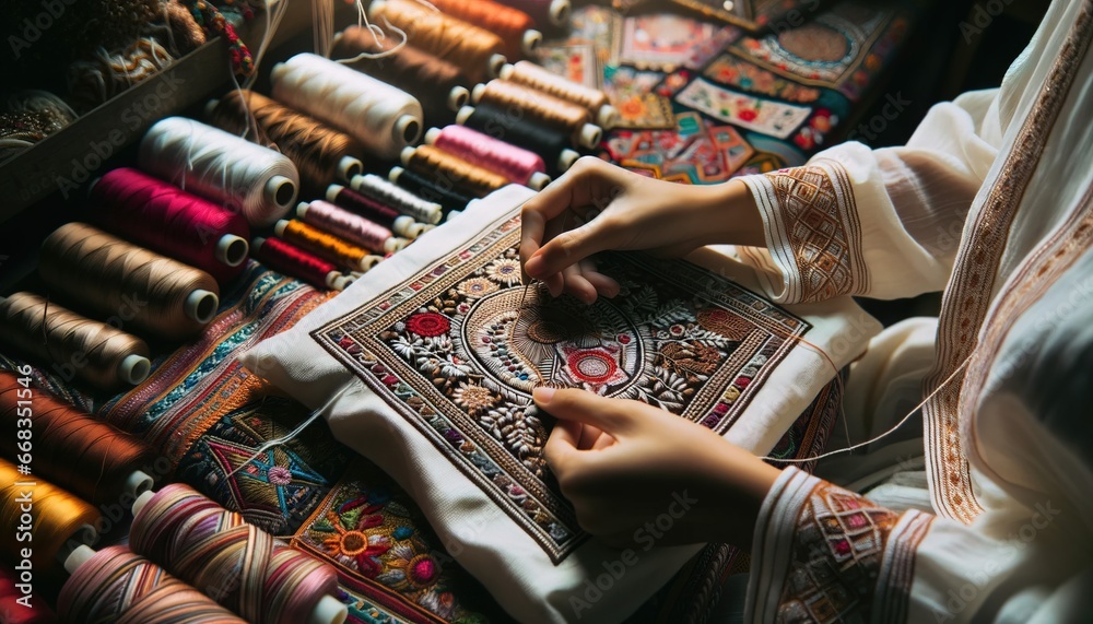 Artisans working on intricate embroidery in a traditional workshop setting.