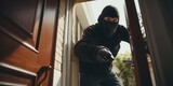 Masked Thief Stands Before the Door of a Modern House, Lockpicking with a Stealthy Gaze Fixed Upon a Security Camera, Illustrating the Ominous Threat to Residential Security