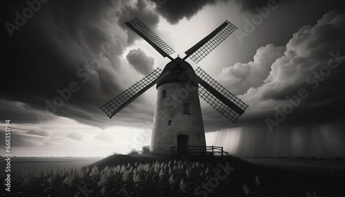 Old windmills rotating gracefully against a stormy background.