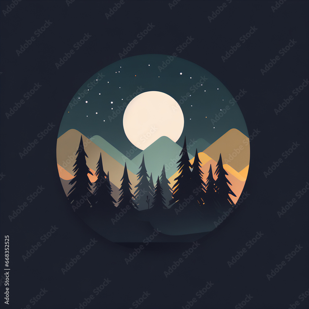 Minimalistic Geometric Forest Icon Design with Subtle Colors on a Black Background