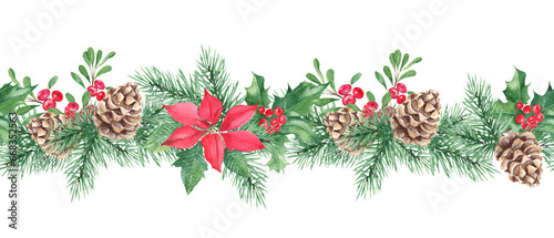 Fototapeta Naklejka Na Ścianę i Meble -  Horizontal watercolor Christmas border pattern. Hand drawn illustration. Pine cone and branches, Holly plant with red berries, poinsettia, cowberry, lingonberry. Can be used for fabric, packaging