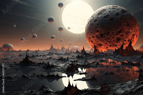 Beautiful minimalistic artistic landscape of an alien world, a virus is attacking space. photo