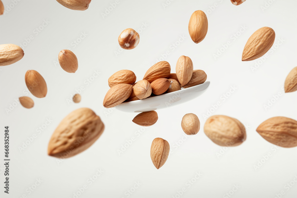 Close up nuts levitate on a summer theme background, Generative AI Close up nuts levitate on a summer theme background, Generative AI