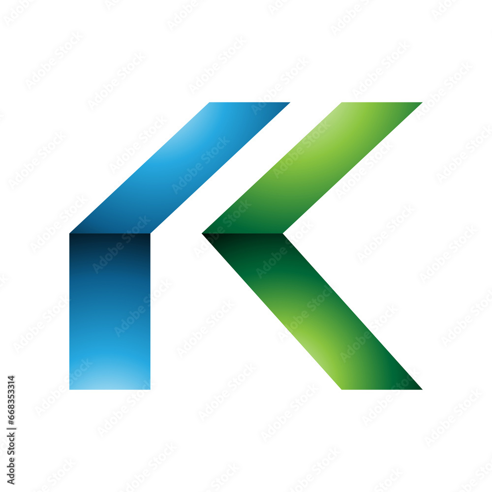 Blue and Green Glossy Folded Letter K Icon