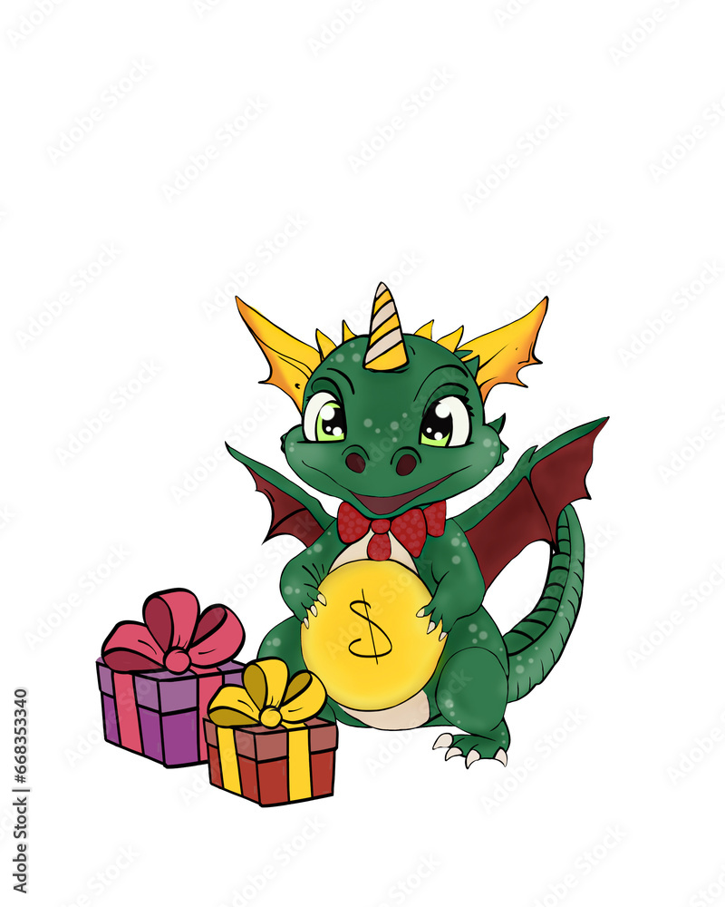 gift card template with cute green dragon holding gold coin with dollar sign near Christmas tree and gift box on beige background with copy space gift card template with cute green dragon holding gold coin with dollar sign near Christmas tree and gift box on beige background with copy space