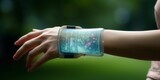 Closeup View of a Wearable Wrist Display Seamlessly Interfacing with the Skin, Illustrating the Convergence of Personal Technology and Human Interaction