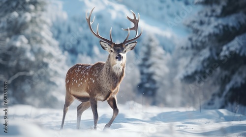 a deer prancing gracefully through a snow covered meadow serene winter scene generative AI