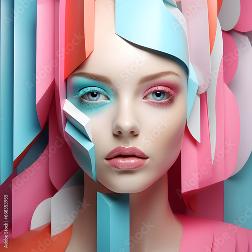 A beautiful modern portrait of a girl in blue and pink color. Background of futuristic pop art geometric shapes © Jelena