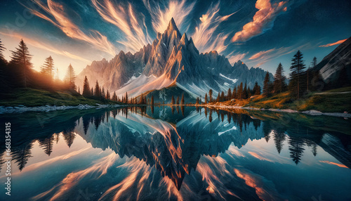 majestic peak mirrored in tranquil waters, generative ai