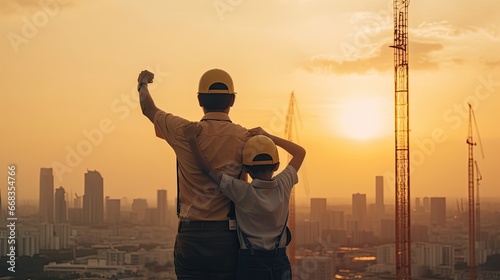  Asian boy on father's shoulders with background of new high buildings and silhouette construction cranes of evening sunset, father and son conceptPanoramic teamwork business join hand together concep photo