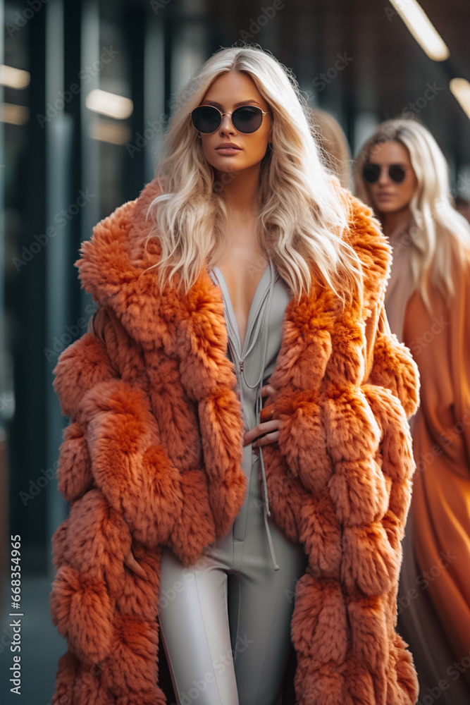 Young blonde woman wearing orange winter fur coat. Outdoor portrait in daylight. Warm clothes concept Young blonde woman wearing orange winter fur coat. Outdoor portrait in daylight. Warm clothes concept