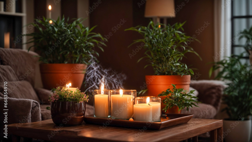Candles in the living room, flowerpots