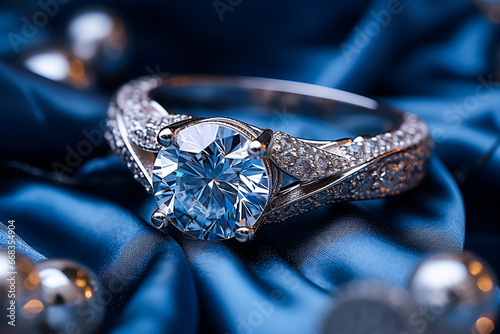 Platinum gold ring with the large blue sapphire is surrounded by many diamonds. Beautiful elegant wedding topaz or aquamarine ring for women photo