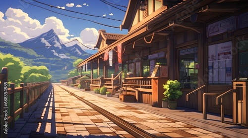 a beautiful japanese village city town in the morning. railway station with shop. anime comics artstyle. cozy lofi asian architecture. 16:9 4k resolution.