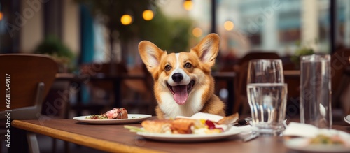 Corgi waits tongue out in dog friendly restaurant anticipating food on empty plate