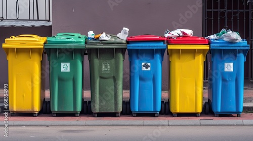  Collection of waste bins full of different types of garbage, recycling and separate waste collection concept