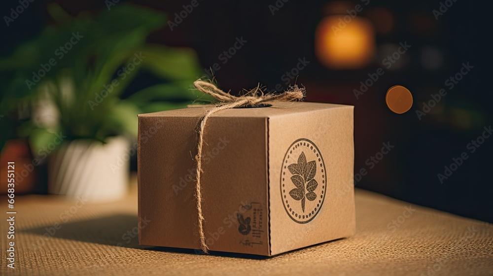  eco friendly care sign plastic free symbol packaging carton box wrap paper in small shop retail store.  - obrazy, fototapety, plakaty 
