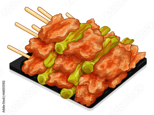 Yakitori BBQ illustration vector. Japanese yakitori bbq grill.  Japanese street food yakitori menu. Yakitori (grilled chicken skewers). Chicken BBQ with green onions. Chicken grilled icon cartoon.