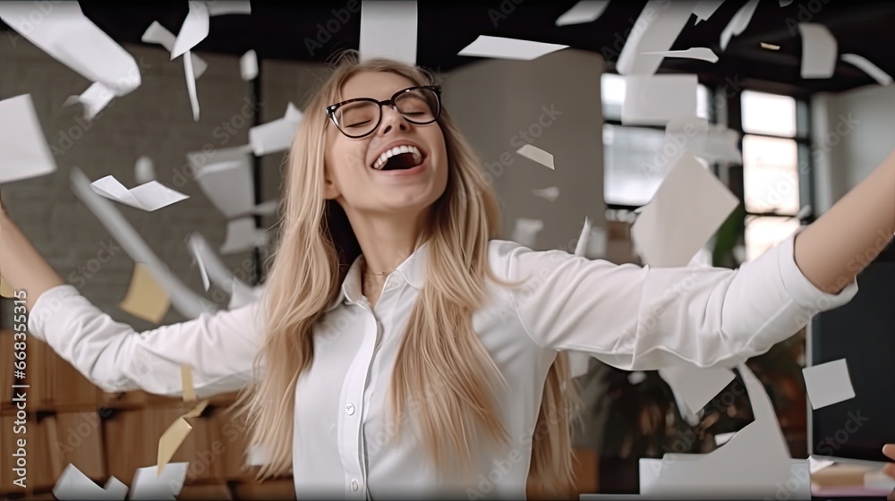  Excited carefree business woman holding office papers, dancing and having fun during break at work. fun at work day concept