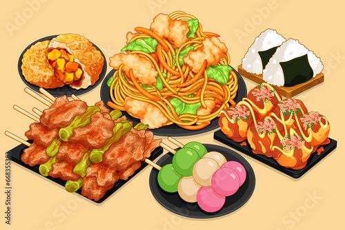 Japanese street foJapanese street food set menu illustration vector. (Dango, Takoyaki, Yakisoba noodles, Yakitori, Onigiri sushi, Kare pan, Japanese curry bread) Japanese food menu drawing. Populaod 2