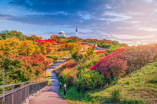 beautiful season
Seoul city landmark view point South Korea The best view point in Namsan Park during the changing leaves and beautiful clouds is Seoul Tower.