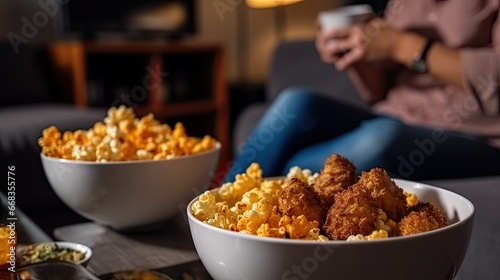  Homemade Popcorn shrimps breaded with cornmeal | Game day appetizer, selective focusTop View Apartment: Happy Couple Watching Television in the Stylish Living Room. Looking at the TV Display and Eati photo
