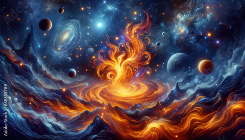 Illustration of a cosmic landscape with deep space elements like glowing planets and swirling galaxies. Dominating the view is a spirited dance of vibrant orange flames, casting a radiant glow.