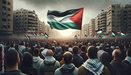 Palestinian people in anti war protest with Palestinian flag on the streets, save Palestine concept background © Karlo