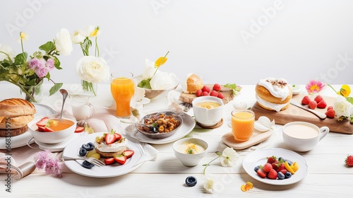  Mothers day Brunch restaurant invitation concept. Womans Day Menu background, with traditional breakfast and lunch food and drink set, with flowers on sunny white wooden background