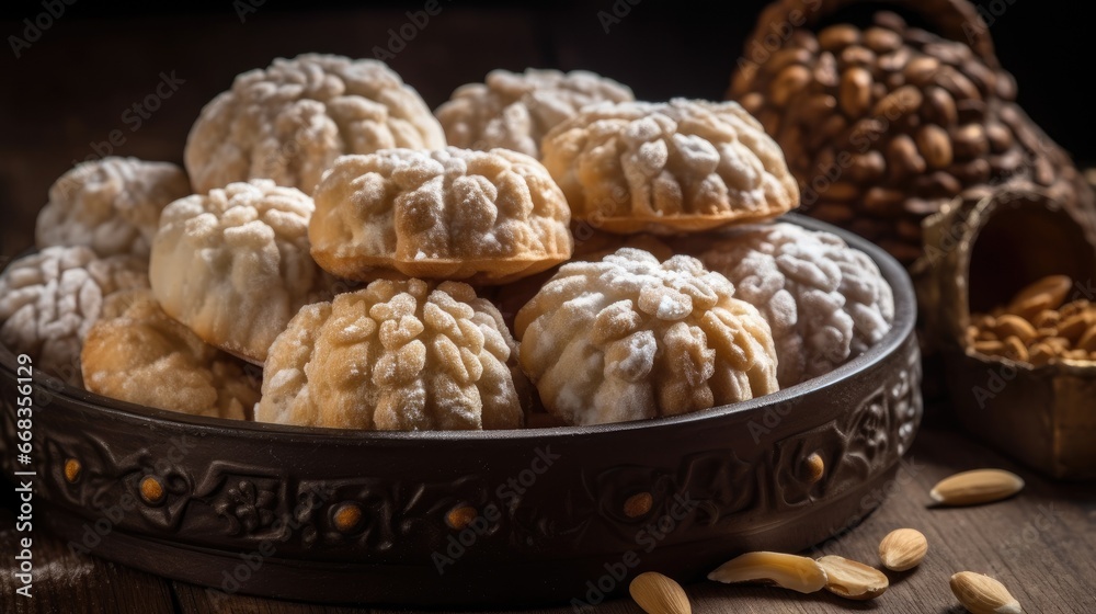  Panellets, a traditional sweet from Catalonia, Spain, prepared to be eaten on November 1, All Saints' Day. Sweet dough made with sugar, ground raw almonds, egg, sugar, sugared almonds, 