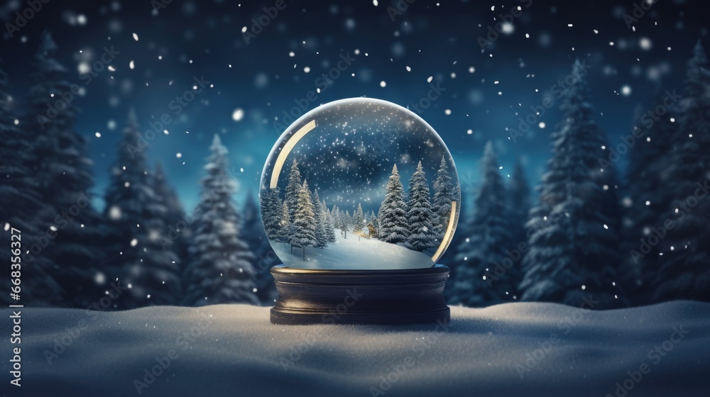 a snow globe with a wintery evergreen scene generative AI - obrazy, fototapety, plakaty 