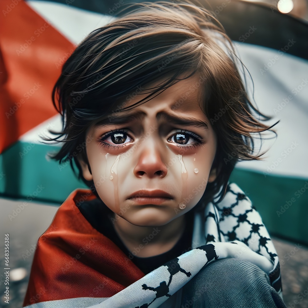 sad little Palestinian child crying with Palestinian flag background ...