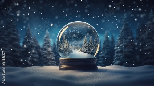 a snow globe with a wintery evergreen scene generative AI photo