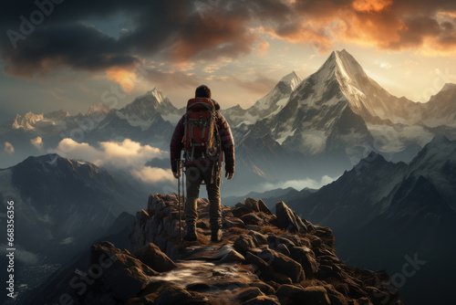 A determined hiker conquering a challenging mountain peak. Concept of perseverance and nature's grandeur. Generative Ai.