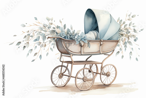 a simple watercolor baby carriage decorated with leaves and eucalyptus, Generative AI