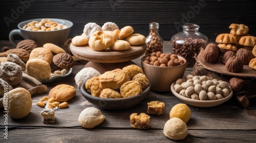  some different confections typicaly eaten in Spain on All Saints Day, such as Panellets, Huesos de Santo or Yemas de Santa Teresa, on a gray rustic table photo