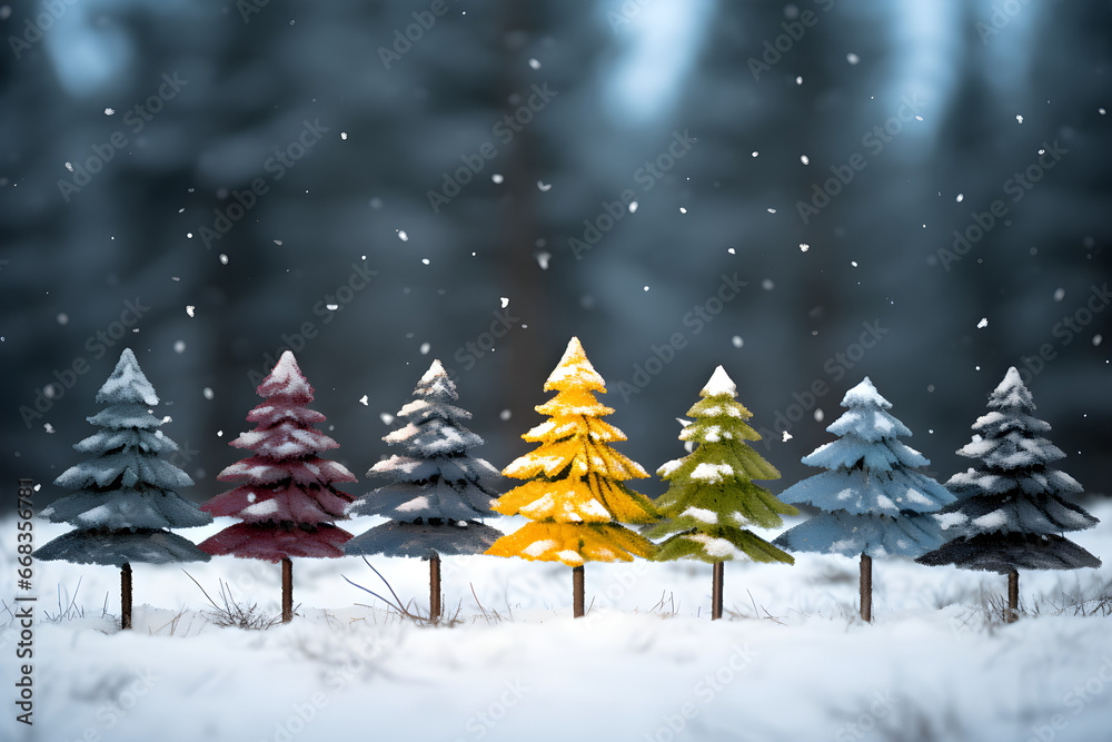 Small colorful miniature new year trees, blue snowing background