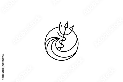 Neptune trident logo with waves in a circle frame line art style