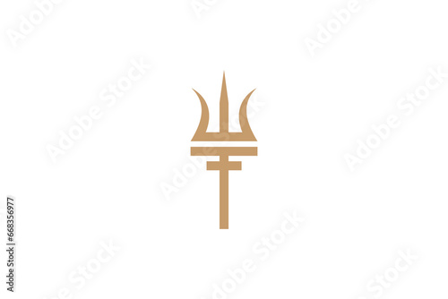 Golden trident logo in flat design style