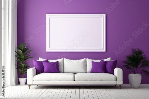 Simple purple interior room with empty poster on the wall